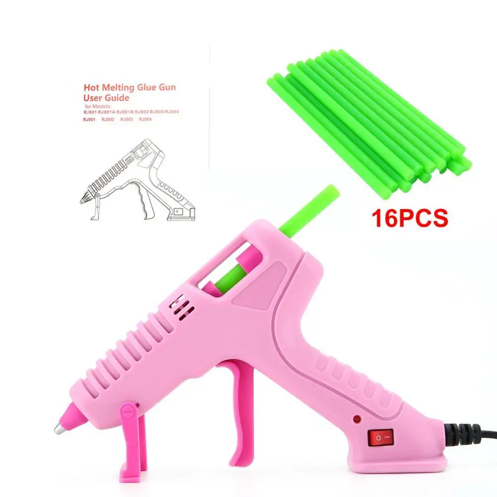 16pcs Green RJ801 30 вт ес термоплавкий клеевой пистолет с клеевым стержнем для ручной работы, инструменты для ремонта игрушек, электрические термоклеевые пистолеты розового цвета - Цвет: 16pcs Green