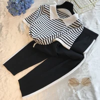 new womens casual pants patchwork knitted striped short sleeved fashion t shirt fashion two piece suit tracksuit