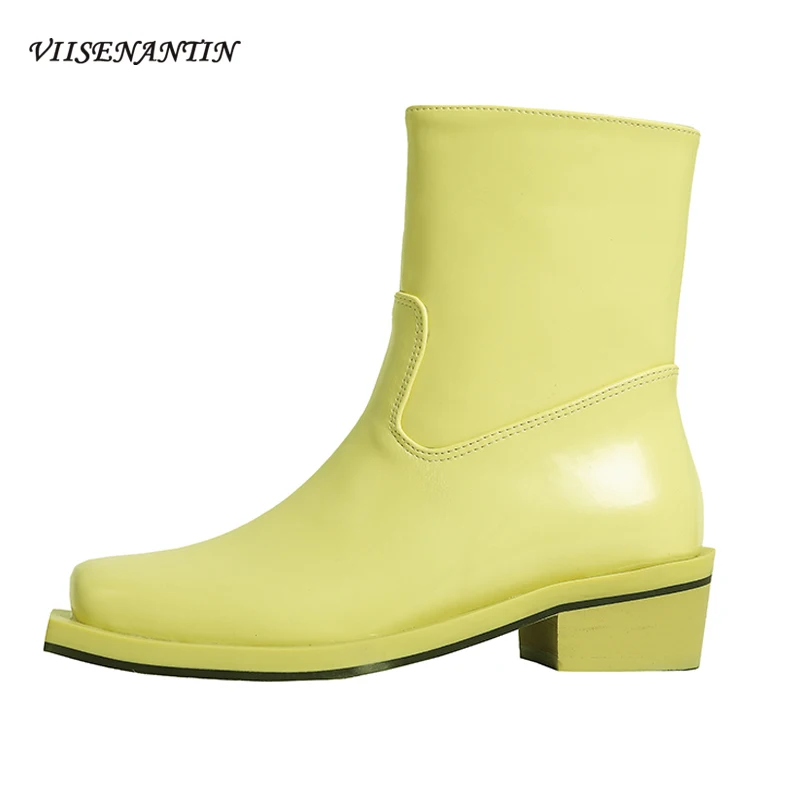 

Женские осенне-зимние новые модные короткие сапоги на толстом каблуке на танкетке, ботильоны челси с квадратным носком и боковой молнией, ...