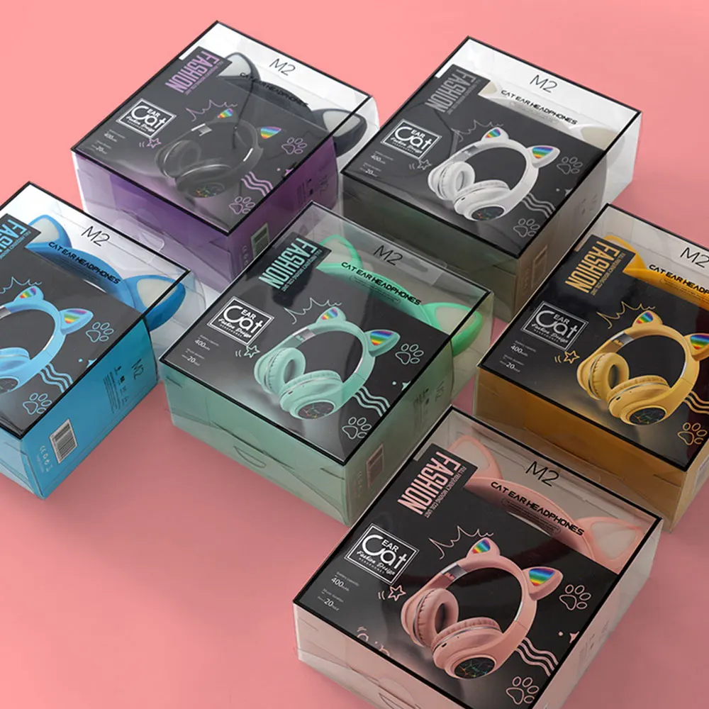 ms foldable storage macron pink lolita headset luminous cat ears headphone with button tf charging audio port wireless headphone free global shipping
