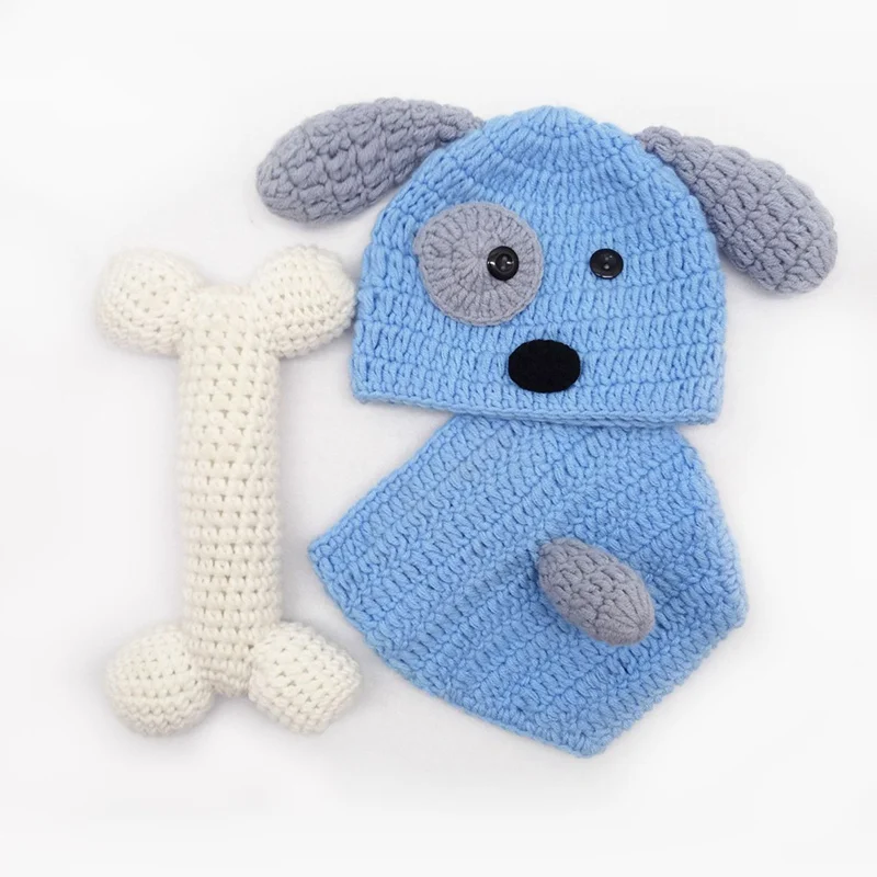 

Infant Birthday Photographic Clothing Handmade Woven Cute Dog Ear Crochet Blue Set + Bone Toys For Newborn Baby 0-6 months