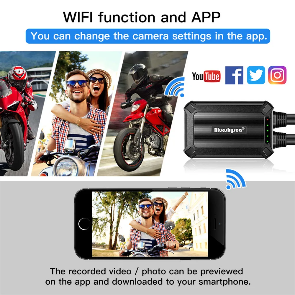 Blueskysea Водонепроницаемая B1M мотоциклетная Wi-Fi камера двойной DVR HD 1080P Moto