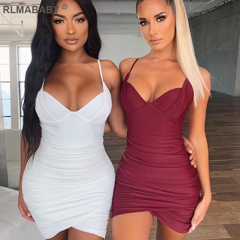 

RLMABABY Summer Spaghetti Strap Bustier Sexy Women Dress Sleeveless Backless Bodycon White Mini Dress Club Party Pleated Dress