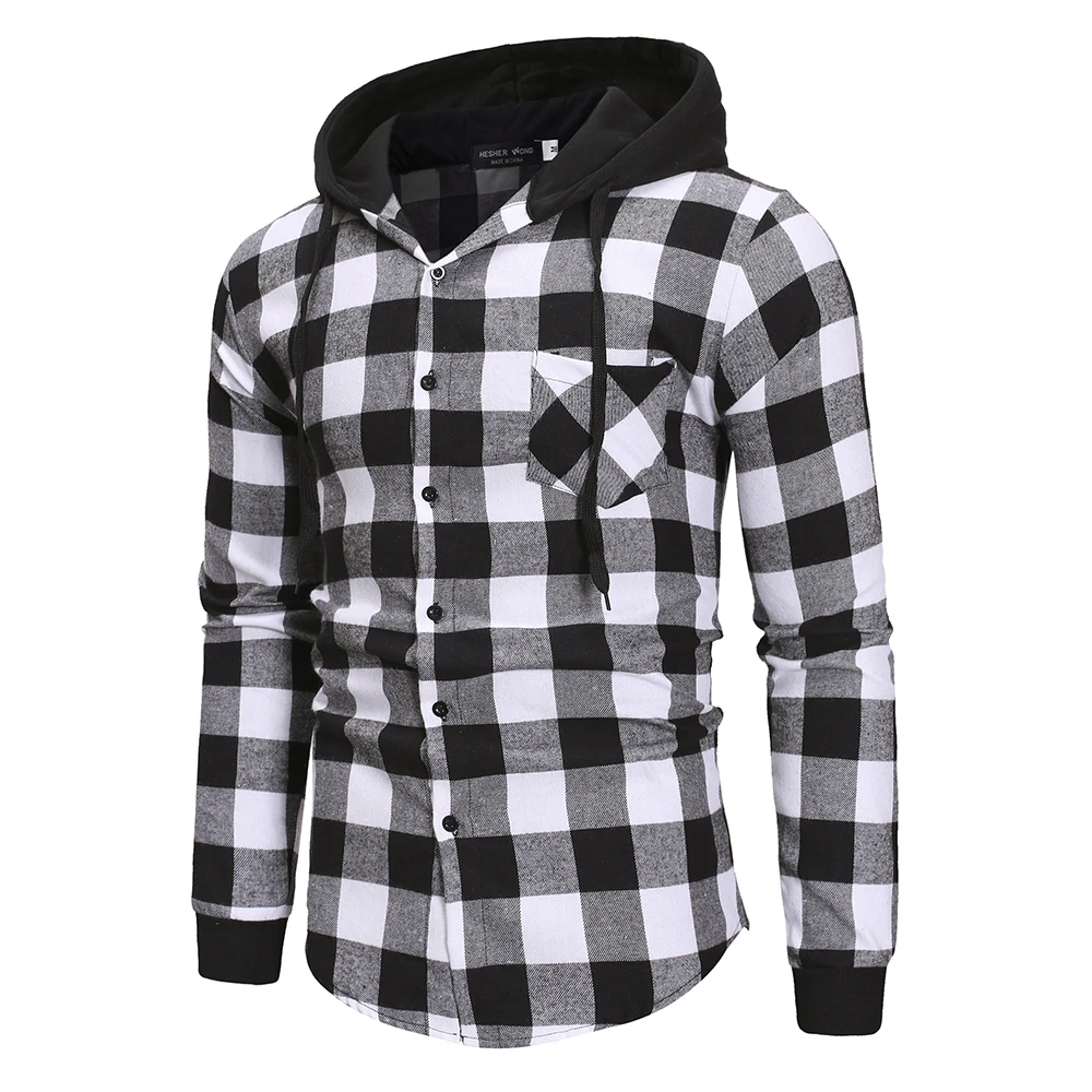 

Men's Shirts Autumn Fashion Casual Plaid Shirts Long Sleeve Cotton high quality Pullover Hooded Shirt Winter Mens Top Blouse