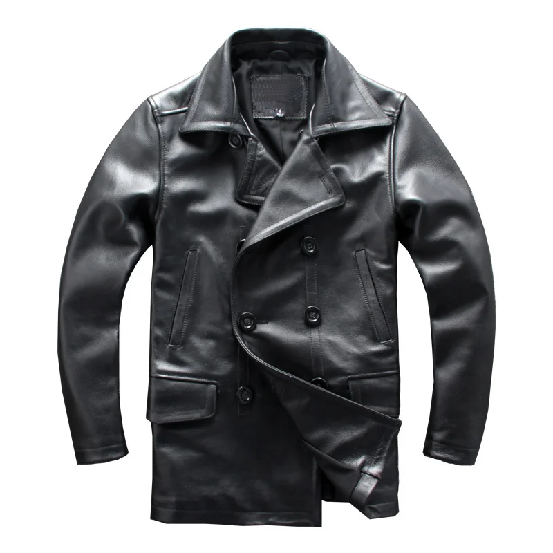 

Genuine leather jacket of men with double turn-down collar double breasted military long trench coat autumn luxury leather