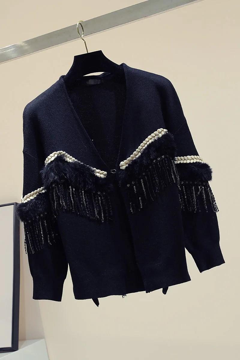 

Fashion Fringed Stitching Cardigan Women's Autumn New Loose Fashion Black Knitted Shirts Jacket Coat Female Lady Leisure Coats