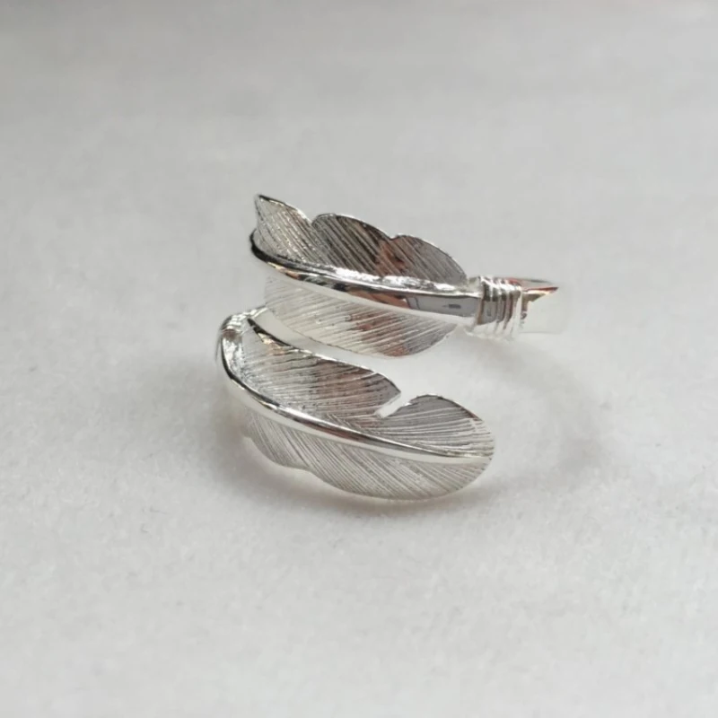 

Aoney 925 silver feather ring vintage simple retro Roman INS wind open ring hip hop men and women retro ring 2021