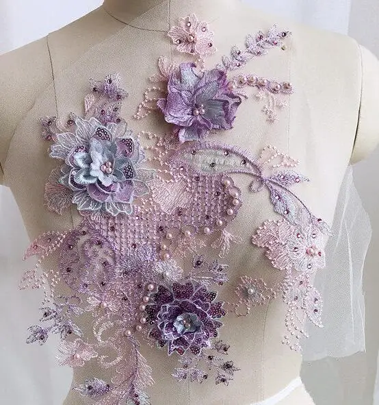 purple-1pc Дизайн Вышивка Кружева свадебное платье блестки аппликация DIY свадебный головной убор кружевной воротник кружевная ткань патч RS1641 - Цвет: purple-1pc