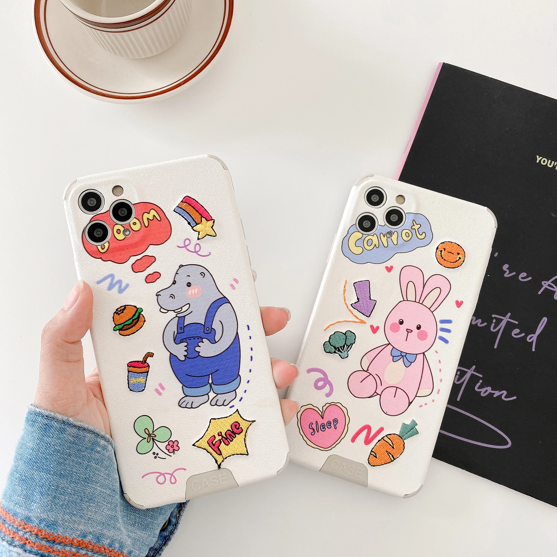 

Silk pattern embroidery hippo rabbit suitable for iphone11ProMax mobile phone case 7/8plus x xsmax xr protective cover