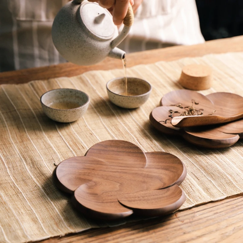 

Flower Shaped Walnut Wood Coasters Placemat Decor Mug Coasters Petal Heat Resistant Drink Mat Tea Coffee Bar Cup Table Pad H051
