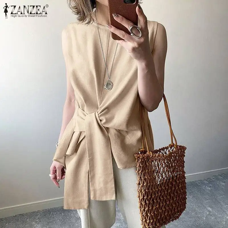

Women's Asymmetrical Blouses ZANZEA 2022 Fashion Summer Tops Lace Up Tank Top Female Sleeveless Blusas Chemise S-