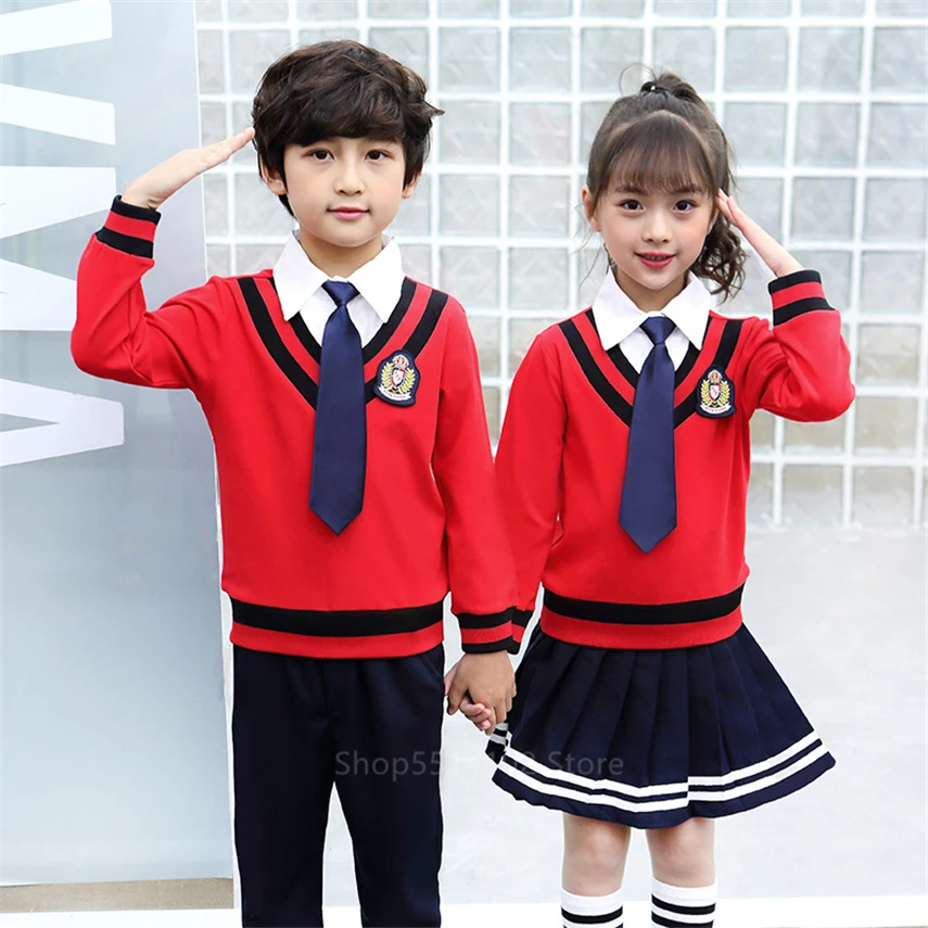 

British Kindergarten School Uniform For Children Chorus Team Boy Girls Stage Performance Clothing Fake 2pcs Top Pants Skirts Set