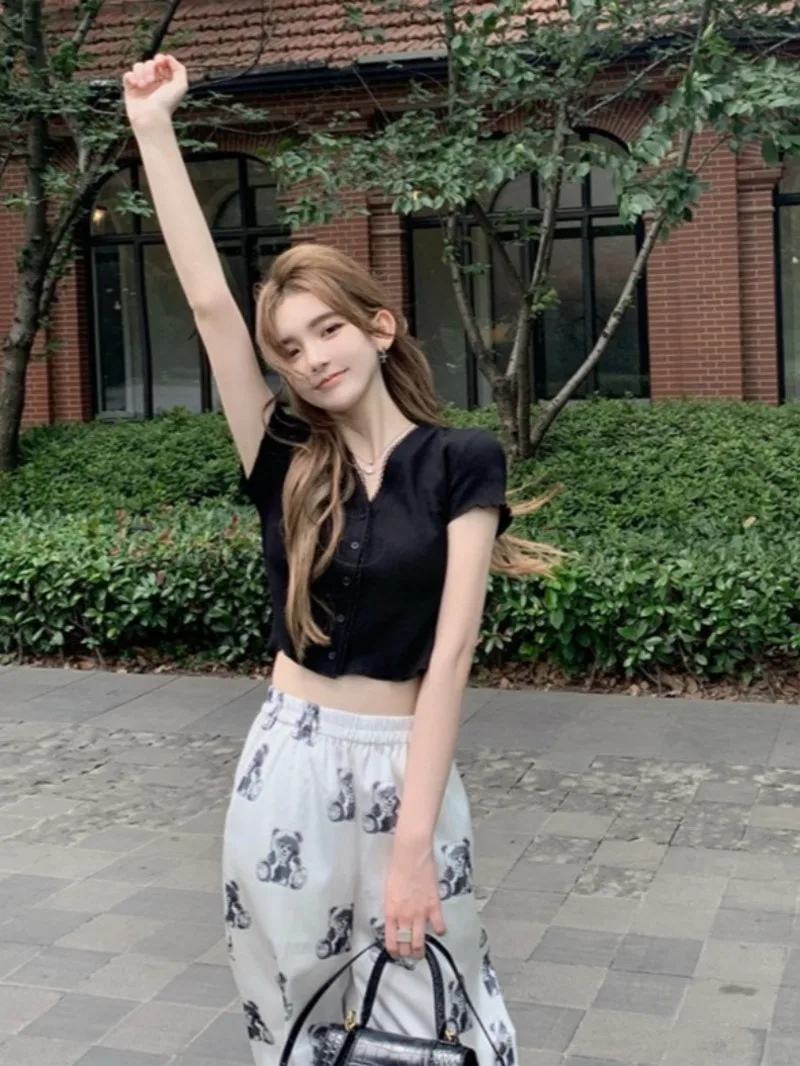 

Bear Printed High Waist Straight Pants Sets 2021 Summer New Loose Casual Wide Leg Pants Sexy Black Crop Top Two Piece Set Women