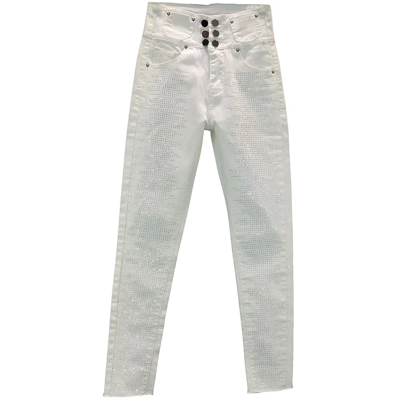 

Double Breasted Denim White Women Jeans Summer New High Waist Solid White Skinny Pencil Pants Full Length Jeans Top Quality