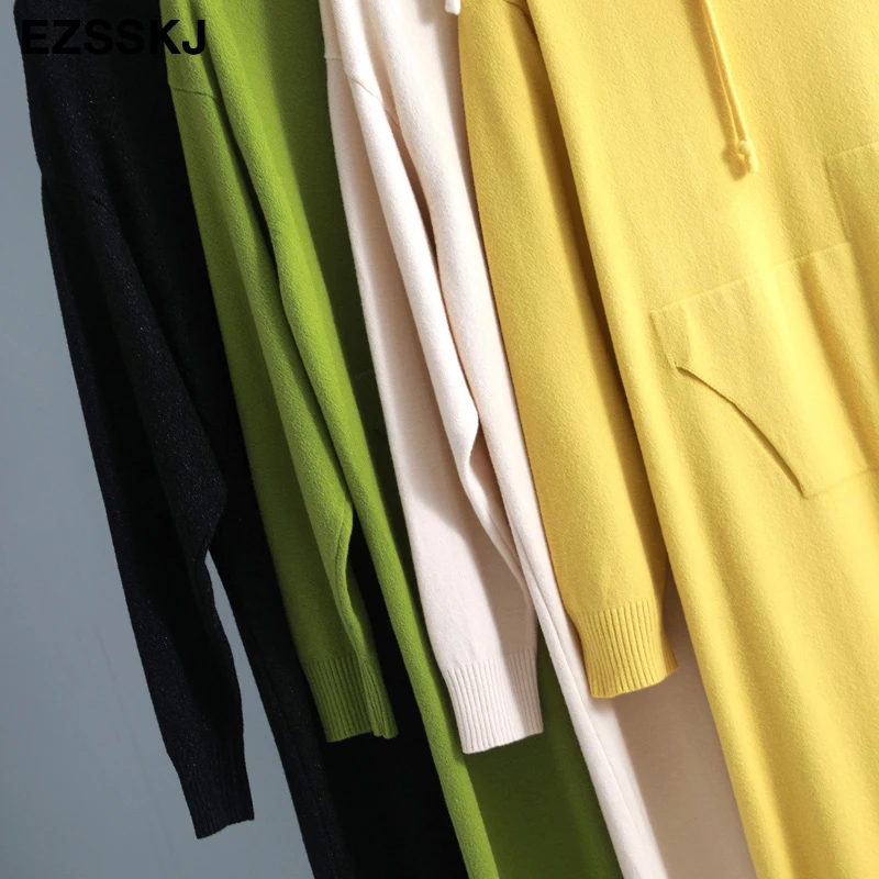 Шикарное плотное негабаритное миди длинное платье-свитер женское осенне-зимнее с капюшоном женское платье-свитер повседневное миди прямое платье