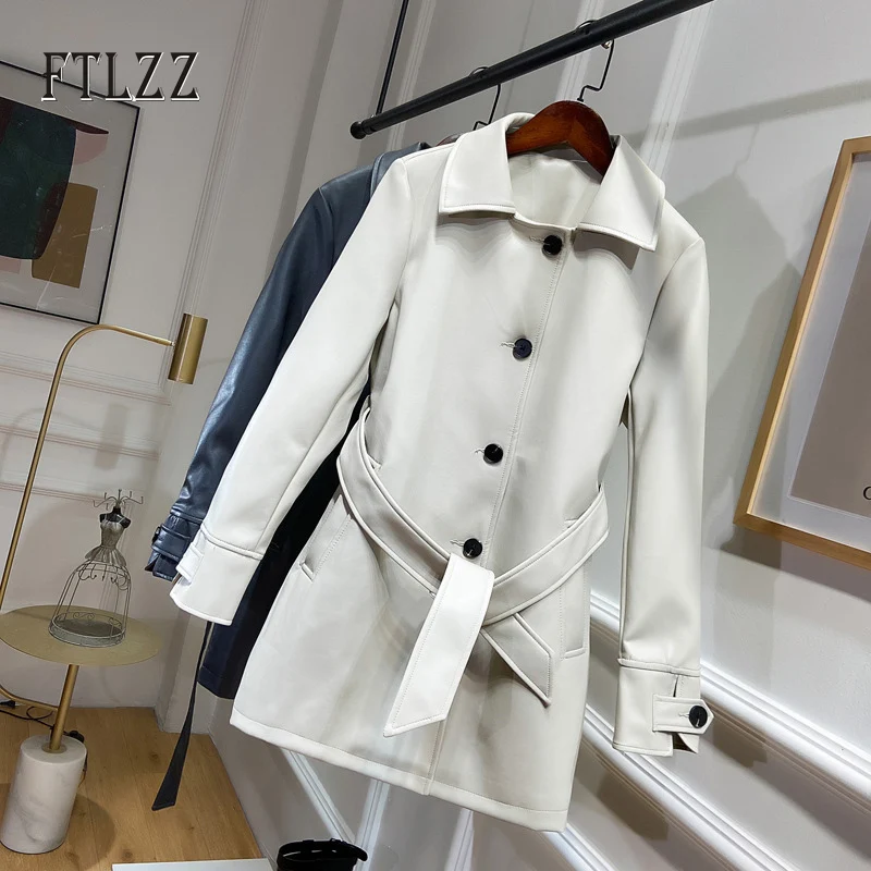 

New Women Faux Leather Jacket 2020 Spring Autumn Slim With Belt Bandage Leather Coat Ladies Single Breasted Streetwear Long Coat