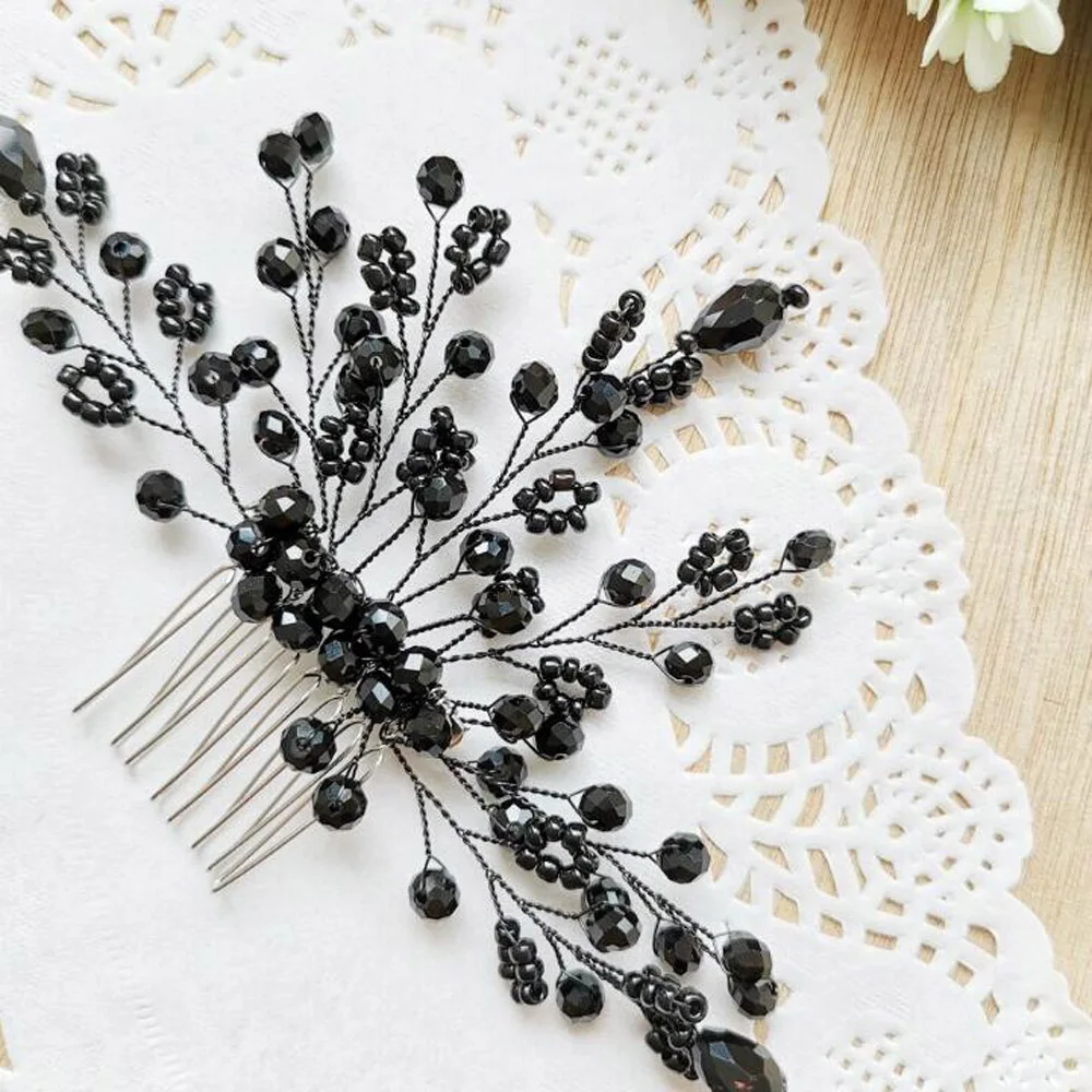 Гребень для волос с черными кристаллами свадебные аксессуары Женская Тиара