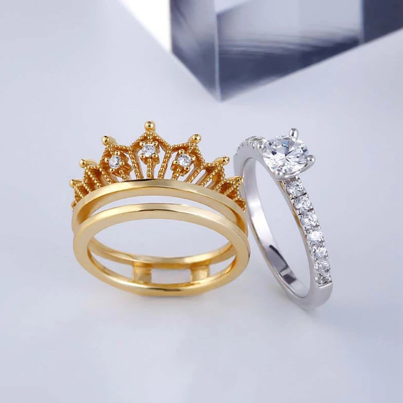Crown Lady Micro Zircon Ring Set Two Rings Fashion Jewelry Accessories