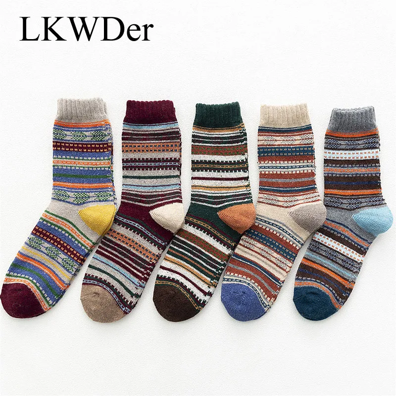 

LKWDer 5 Pairs Winter New Men's Thick Warm Men Sock Retro High Quality Striped Fashion Wool Casual Socks Meias Calcetines Hombre