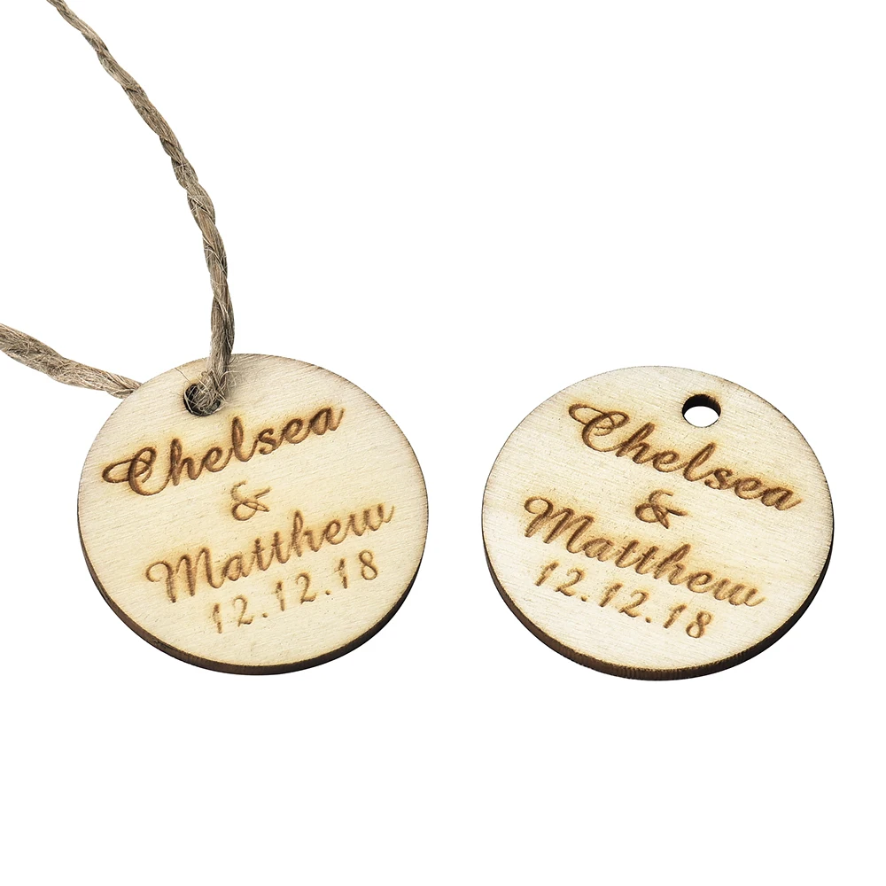 100 наборов персонализированные Выгравированные круглые деревянные бирки тег из