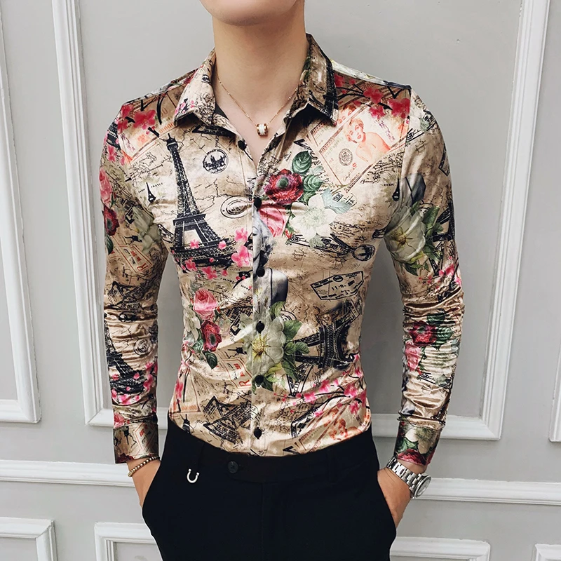 

Flannel Fashion Print Clothing Winter Stylish Party Dress Long Sleeves New Shirts Casual Baroque Velvet Shirts Mens Silk Shirts