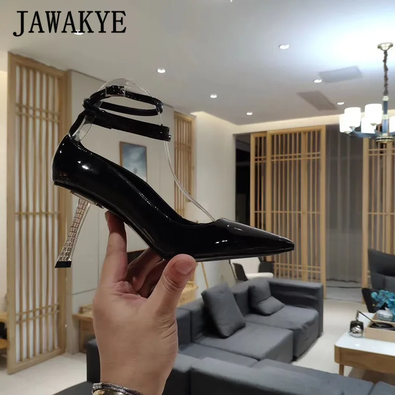 JAWAKYE/необычные туфли на высоком каблуке; женские туфли-лодочки с острым носком; вечерние туфли из лакированной кожи на тонком высоком каблуке с ремешком на щиколотке