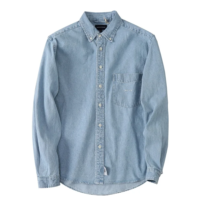 Jaqueta solta de tamanho europeu de alta qualidade, azul claro, primavera, outono, manga longa, jeans liso, unissex, camisas denim para homens, 2021
