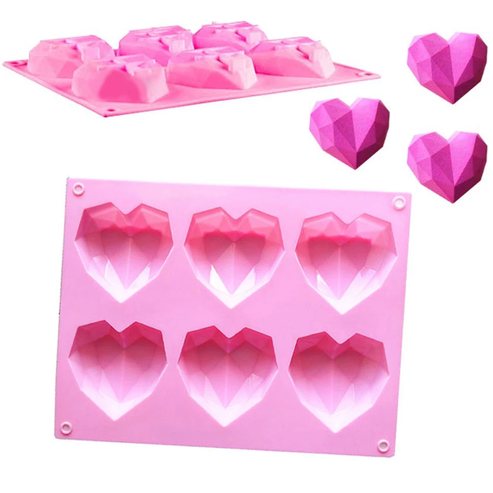 

6-Cavity Diamond Love Heart-Shaped Silicone Molds for Sponge Cakes Mousse Chocolate Dessert Bakeware Pastry Mould