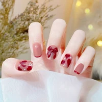 bow pearls short square head false nails with press glue artificial detachable fake nails full cover manicure tips tool