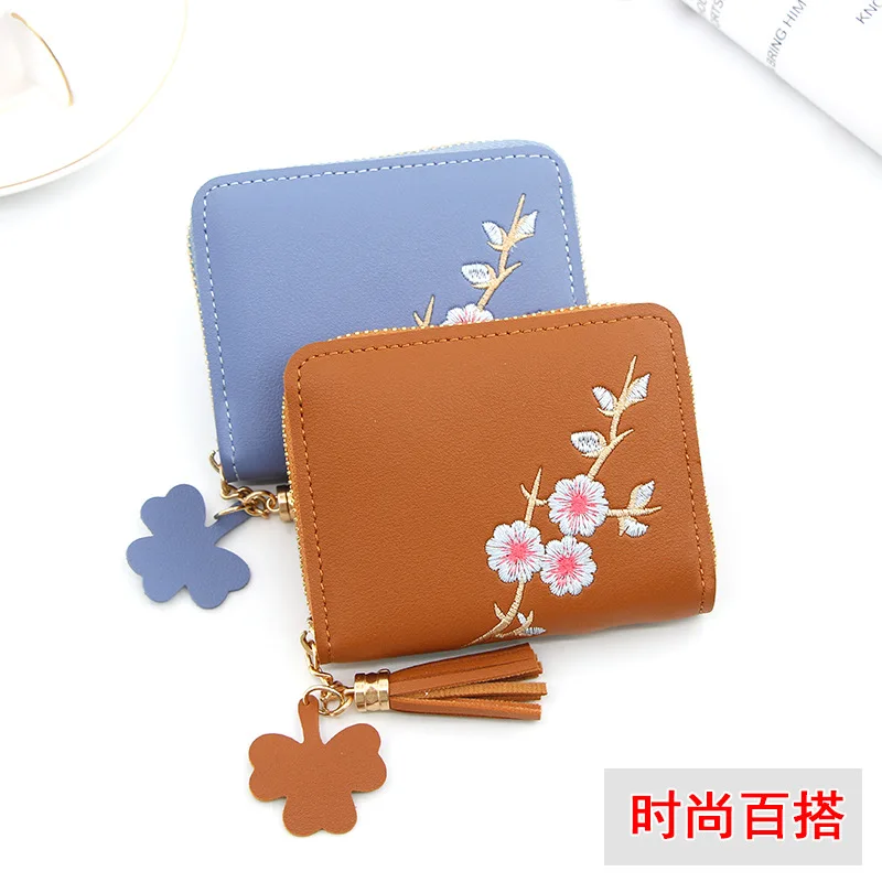 2021 new Korean version of short women's wallet, women's hand embroidery, money clip, zipper, little girl's zero wallet card bag