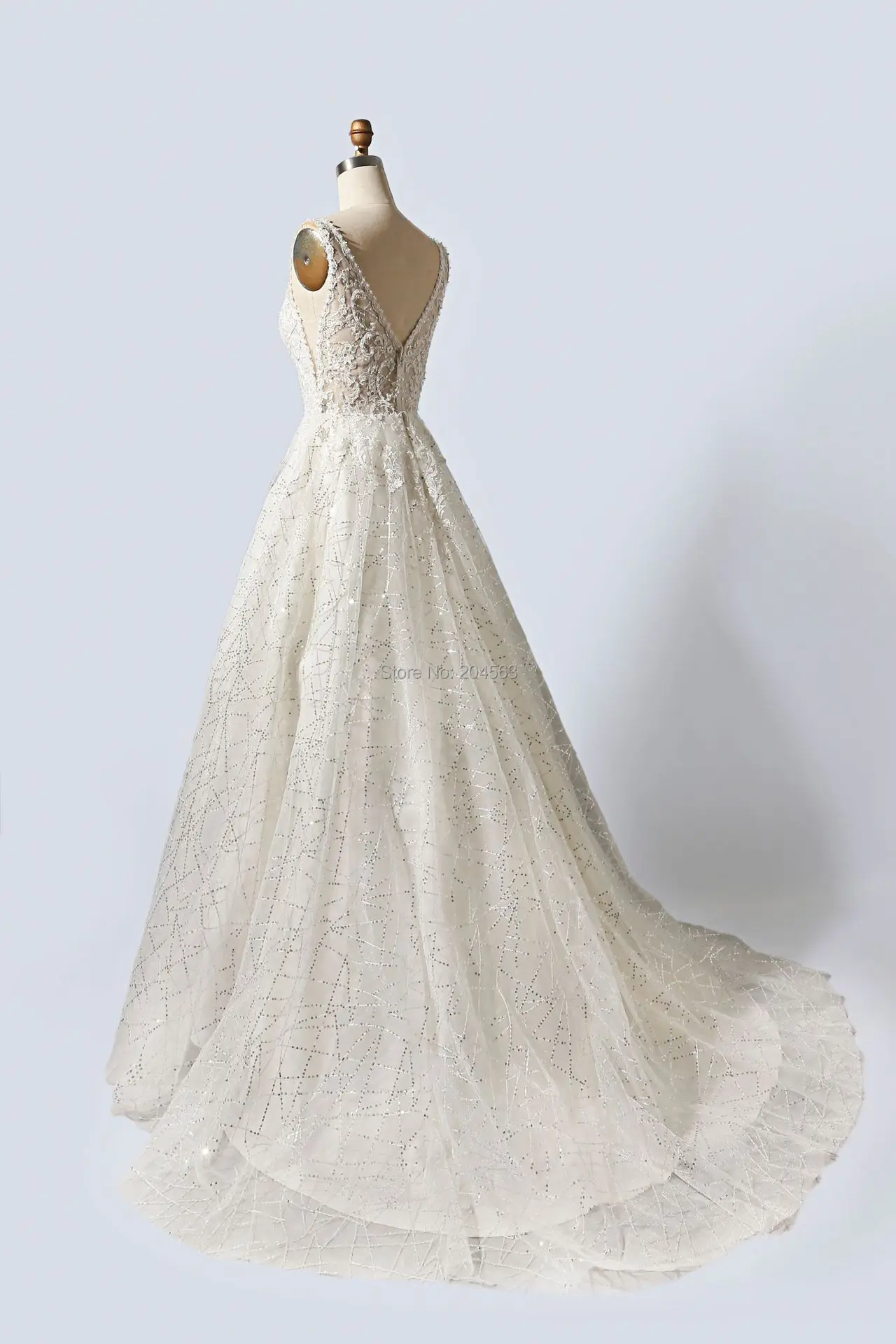 Свадебные платья с V-образным вырезом и бисером ТРАПЕЦИЕВИДНОЕ свадебное платье