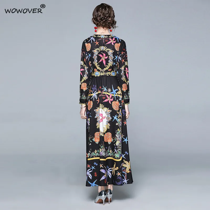 

Spring New 2021 Long Sleeve Sashes Printed Vintage Maxi Holiday Dress Women Beach Robe Elegant V Neck Lace Up Vacation Vestidos
