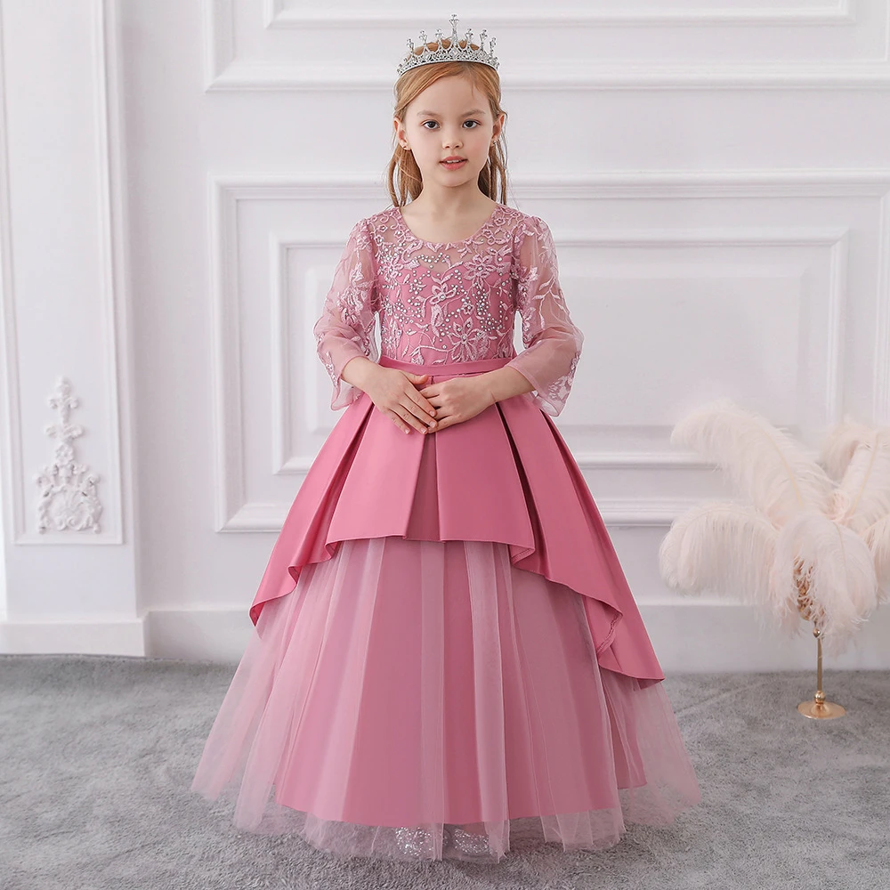 

2021 Tulle Gig Girls Diamond Lace Flower Long Dresses for Weddings and Party First Communion Kids Child Clothing