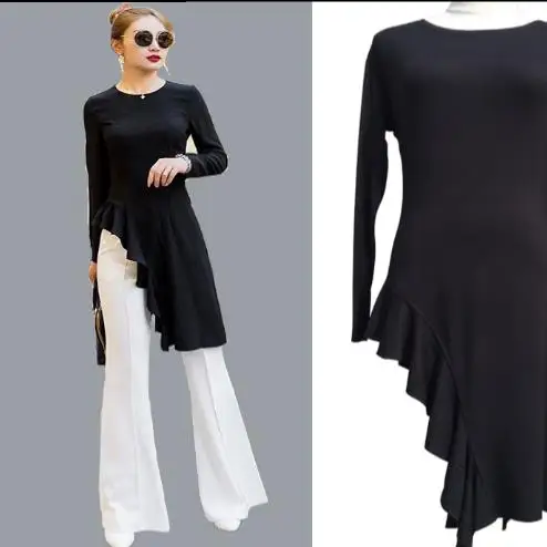 2019 новый летний круглый воротник с длинным рукавом серый асимметричный подол