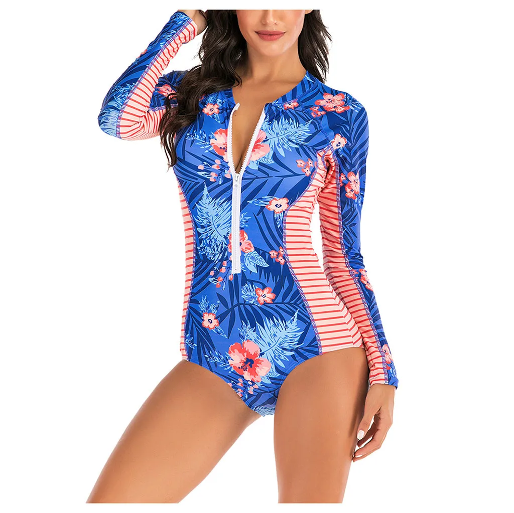 Женский Цельный купальник с принтом в полоску на молнии из кусков купальный