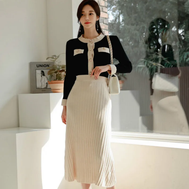 

2020 Knitting Suits Single Breasted Cardigan Top Stretch Mid-Calf Skirt Casual Bodycon Two Piece Sweater Dresses