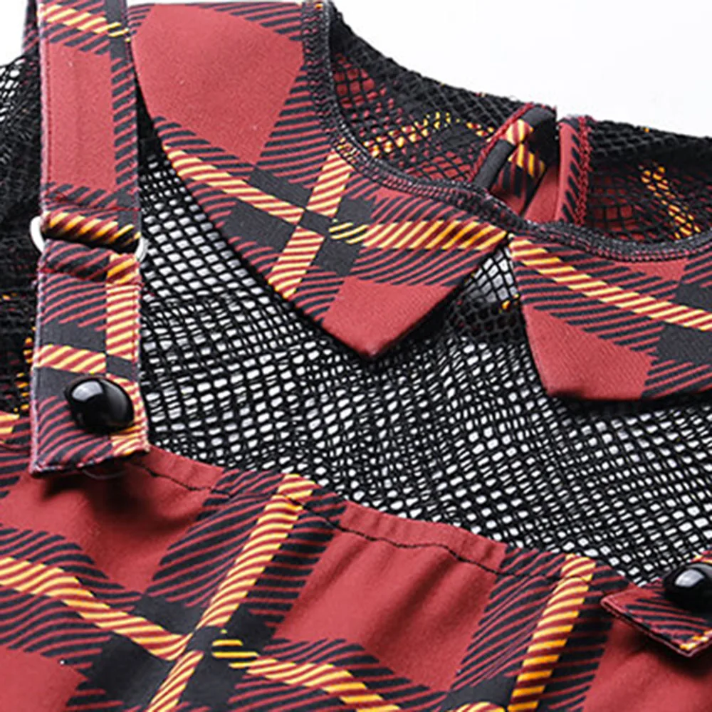 

Gothic Red Plaid Dress Women Spaghetti Strap Spring Summer Short Dresses Women's Sexy Long Sleeve Mesh Patchwork Punk