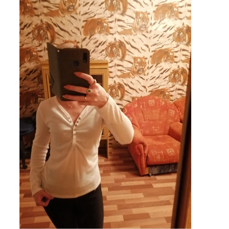 

Ladies Soft V-Neck Tops Sexy Long Sleeve Bandage Button Slim Solid Stretch Tee Shirts Women Top Autumn
