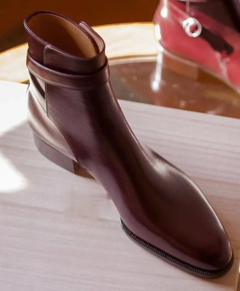 

Men's Handmade PU Red-brown Buckle Chelsea Boots Low-heel Pointed Toe Fashion Trend Classic All-match Casual Short Boots 7KG007
