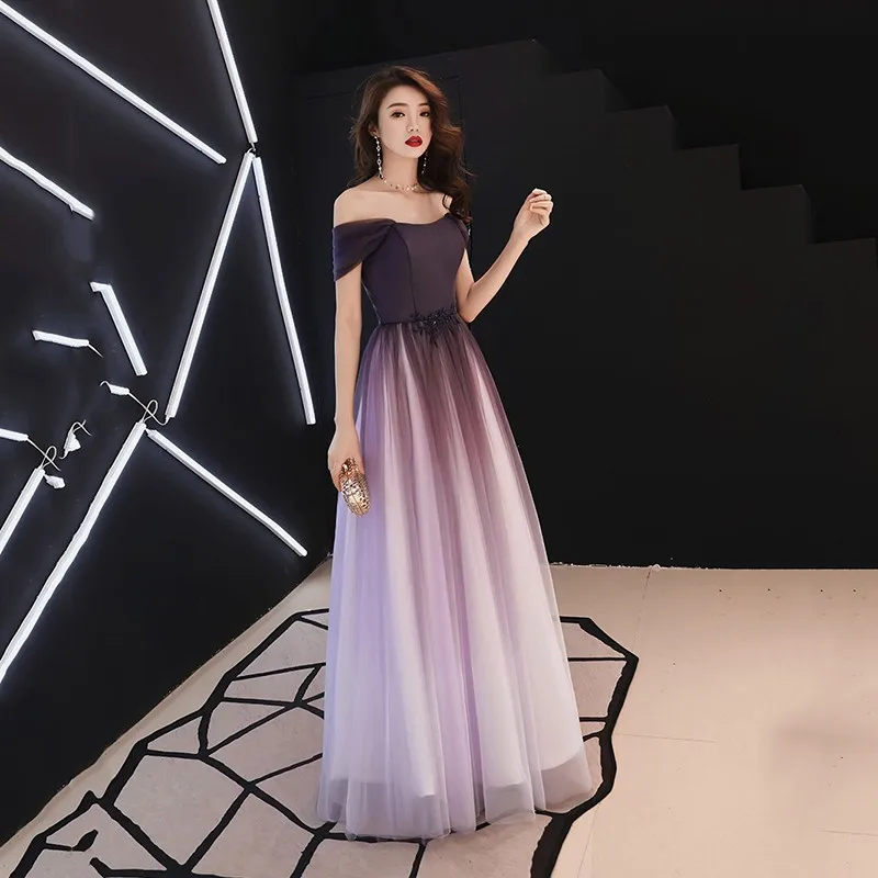 

Sexy Off Shoulder Crystal Qipao Purple-White Gradients Cheongsam Pleated Formal Party Dress Gown Satin-Mesh Patchwork Vestidos