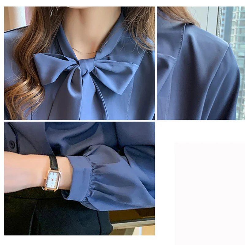 

New Bow White Blouse Women 2020 Button Office Lady Long Sleeve Blue Chiffon Shirt Autumn Tops Woman Clothes Pocket Womens Shirts