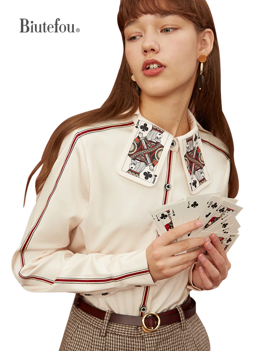【Biutefou】Original Design 2023 Spring and Autumn Women Fun Playing Cards Printed Stripe Shirt