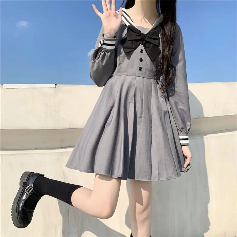 

2021 Vintage Pleated Splice Dress Japanese College Style Women Dress Sweet Girl Sailor Collar Bow Kawaii Short Puff Sleeve Dress
