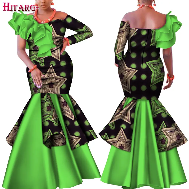 Dashiki African Dress for Women Bazin Riche One-Shoulder Sexy Slash Neck Wedding Party Dress Traditional African Clothing WY4224