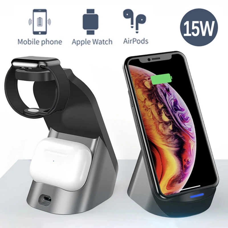 

3-in-1 15W Portable Charging Holders Qi Wireless Charger Dock Stand Fast Charger For iPhone For iWatch Earphones Accessories