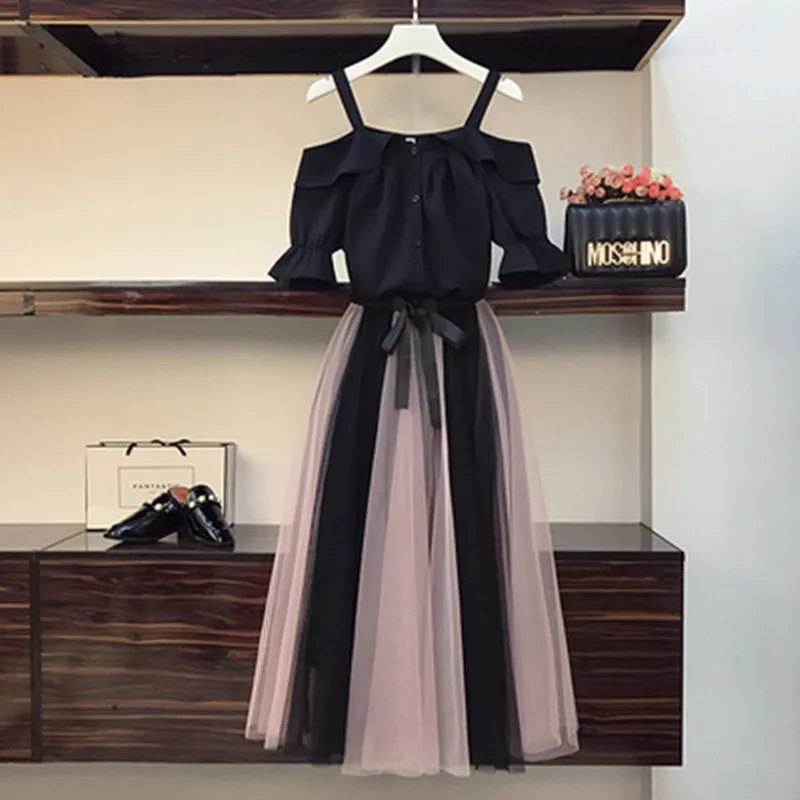 

Plus Size Fashion Summer Women's Set New Sexy Off Shoulder Single Breasted Shirt + High Waist Elastic Leisure Mesh Skirts Set