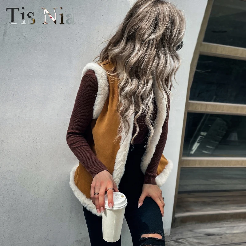 Women's Vest 2021 Winter Casual Ladies Loose Rabbit Fur Jacket Solid Color Vest Warm Coat Jacket XL Camel Sleeveless