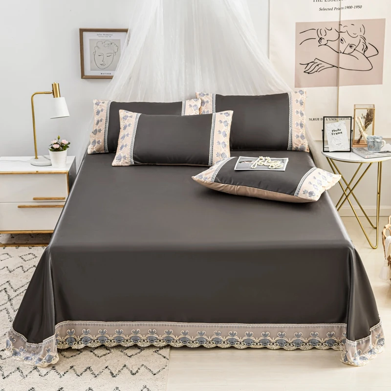 

2020 new products Ice silk mat 250X250cm Bed cover Fitted Sheet Pillowcases 2/3 pcs Solid lace Bedding.