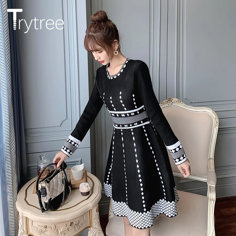 Trytree 2019 Осень Зима Женское Повседневное платье Элегантное с o образным вырезом