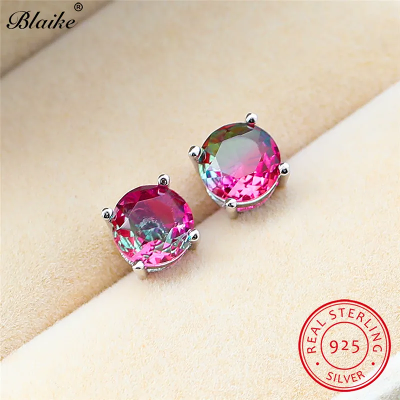 Rose Red Green Blaike Мистик Радуга Топаз Циркон круглый камень серьги гвоздики для женщин натуральная 925 пробы серебряные серьги свадебные серьги - Цвет камня: Rose Red Green